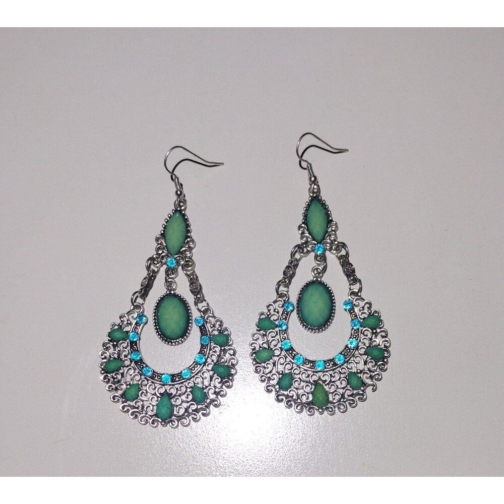 Rhinestone and Turquoise Like Water Drop Bohemian Style Earrings